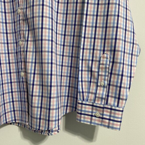 L.L. Bean Dress Shirt Men's XL Blue White Pink Plaid Pinpoint Oxford 100% Cotton - Picture 2 of 12